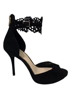 Jessica Simpson Black Suede Open Toe Pumps Flower Ankle Detail Size 8 BRAND NEW